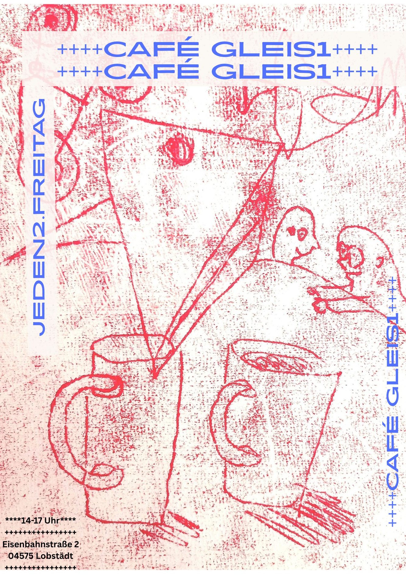 Ein bunt gestaltetes Plakat für das Café Gleis1 mit Zeichnungen von Kaffeetassen und Figuren, das die Öffnungszeiten und Adresse anzeigt.